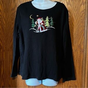 Women’s black holiday top featuring embroidered Santa-XL (16-18)